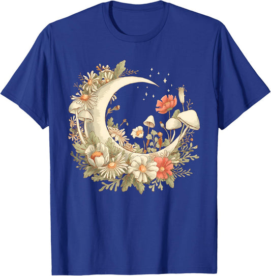 Floral Aesthetic Goblincore and Cottagecore Mushroom Moon T-Shirt - T-Shirt | Royal