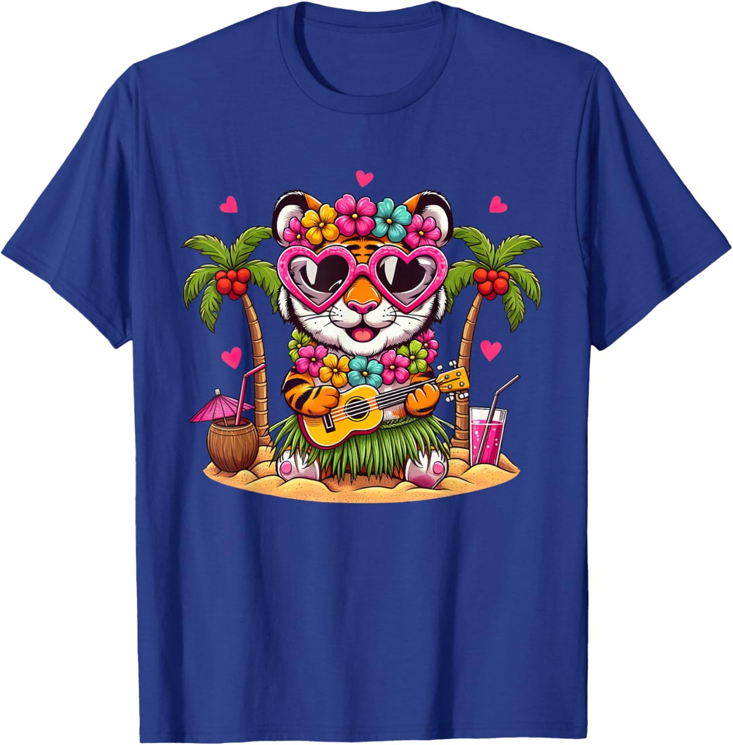 Funny Tiger Hawaiian Costume Kids Summer Vacation Tiger T-Shirt - T-Shirt | Royal