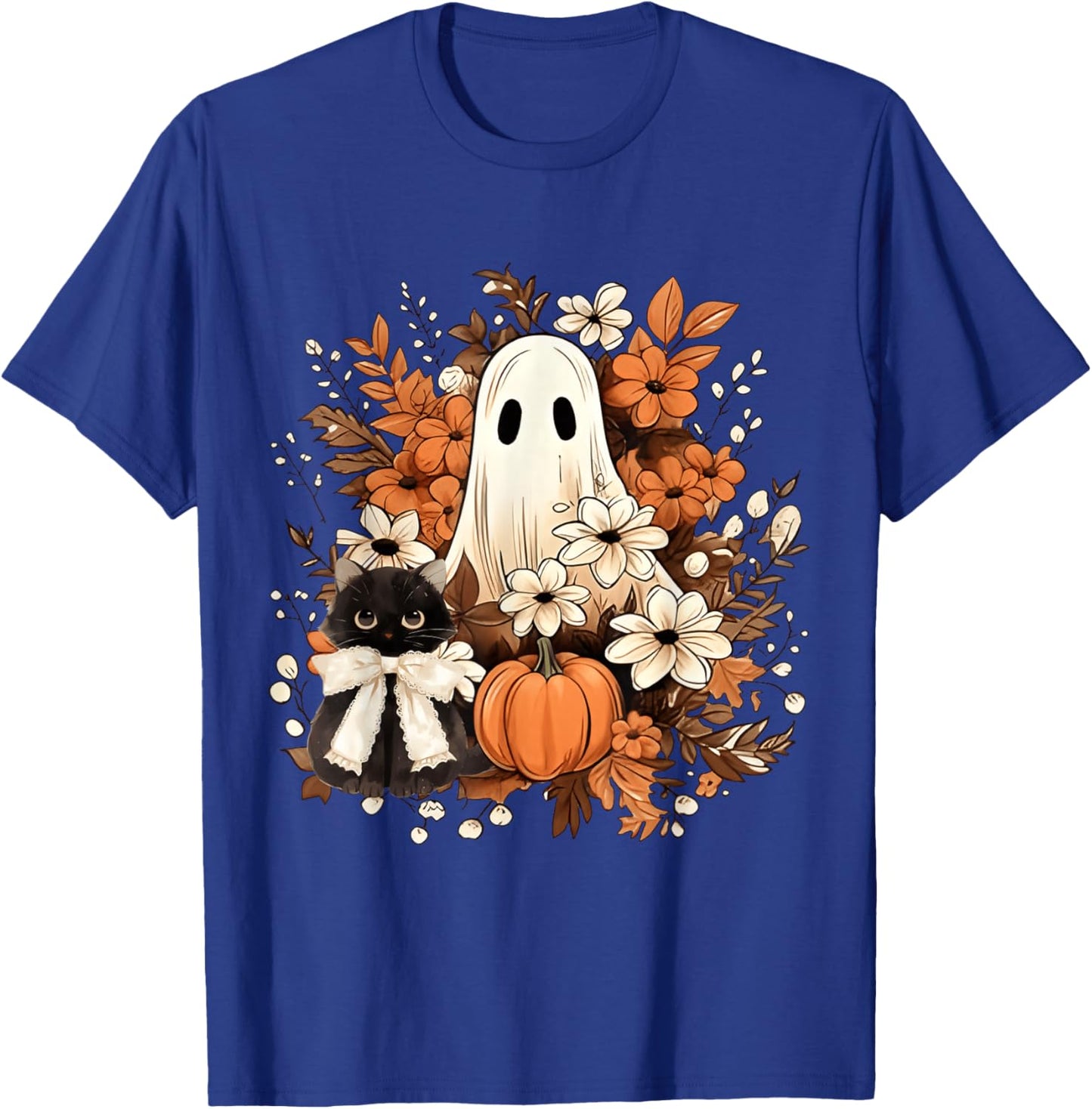 Vintage Halloween Ghost Holding Black Cat Groovy Floral Fall T-Shirt - T-Shirt | Royal