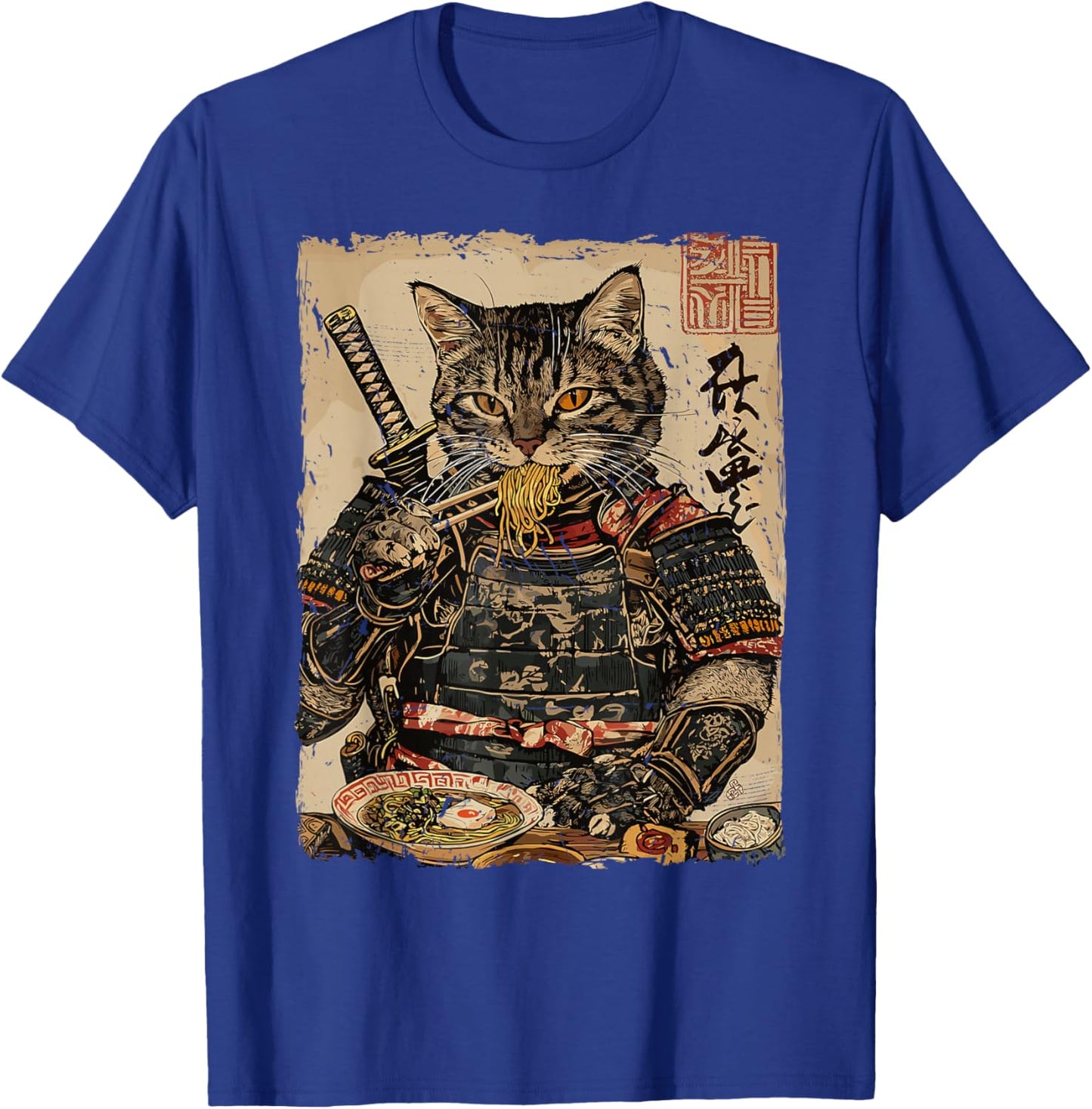 Samurai Cat Loves Ramen Funny Anime Japanese Artwork Samurai T-Shirt - T-Shirt | Royal