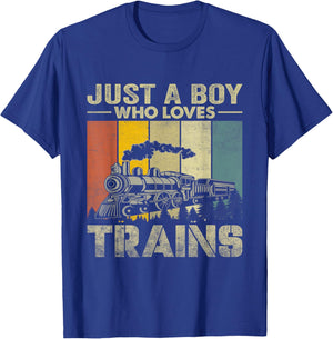 Funny Kids Just A Boy Who Loves Trains Vintage Graphic T-Shirt - T-Shirt | Royal