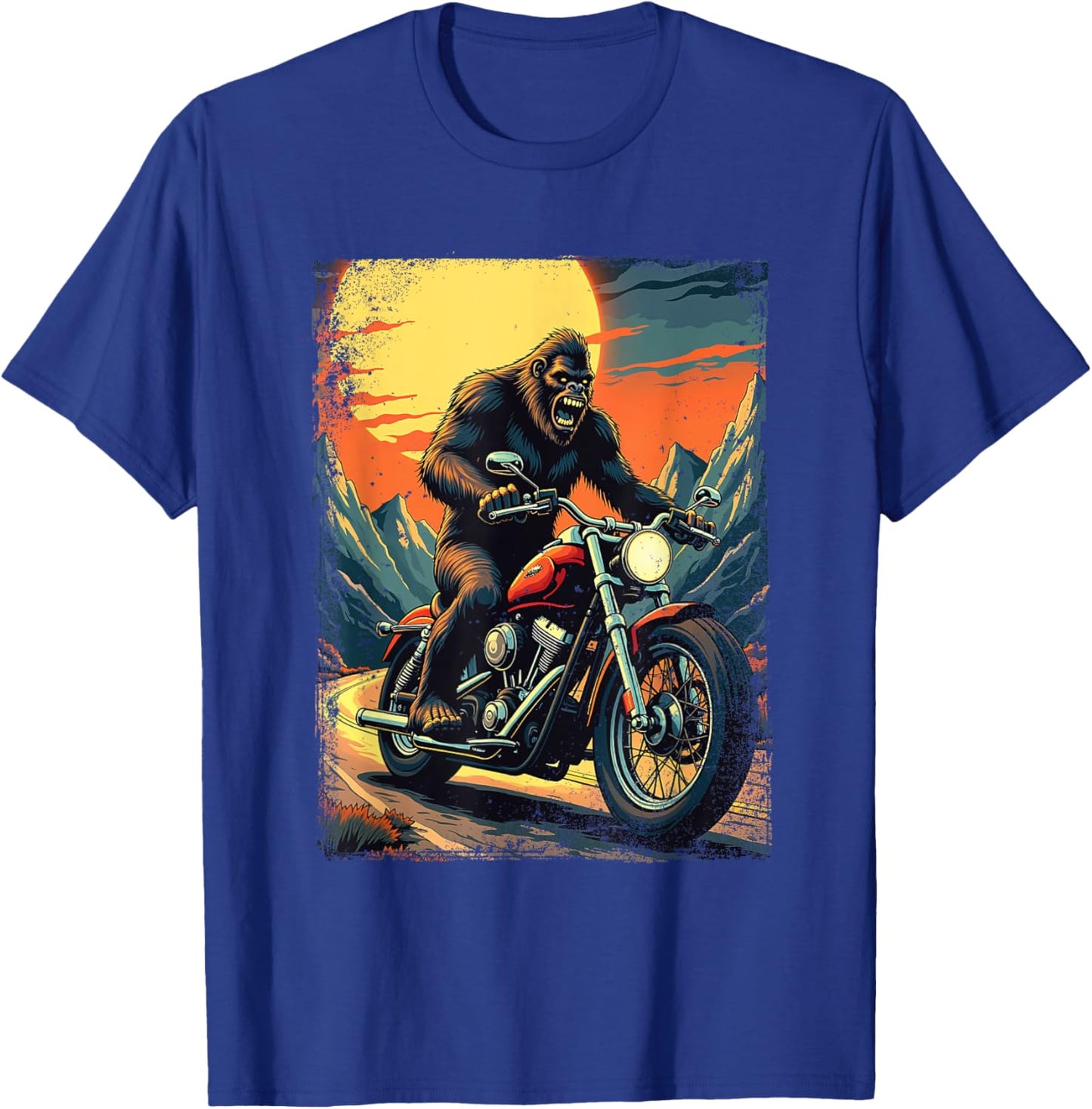 Bigfoot On Motorcycle - Biker Motorcycle Motorcycling T-Shirt - T-Shirt | Royal