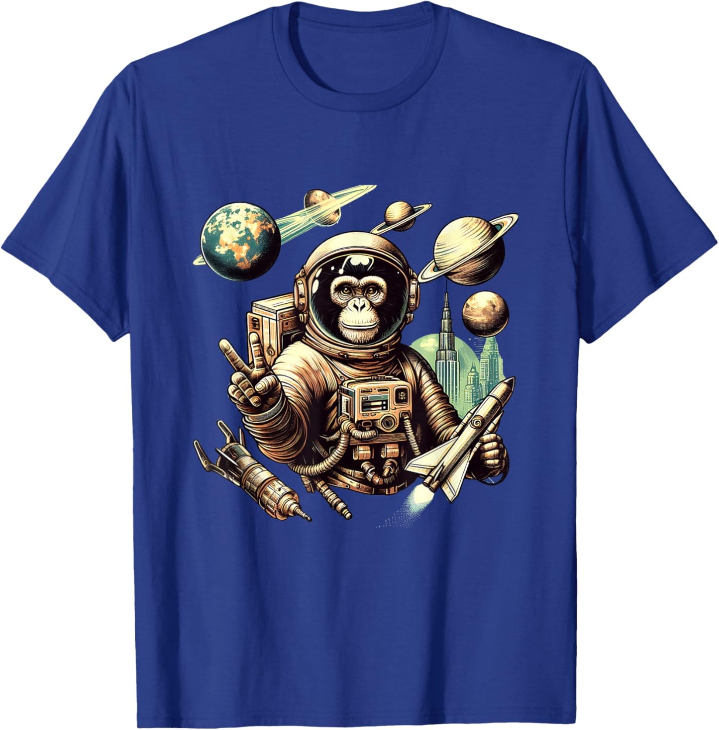 Space Vintage Travel Astronaut Monkey Holding Spaceship T-Shirt - T-Shirt | Royal