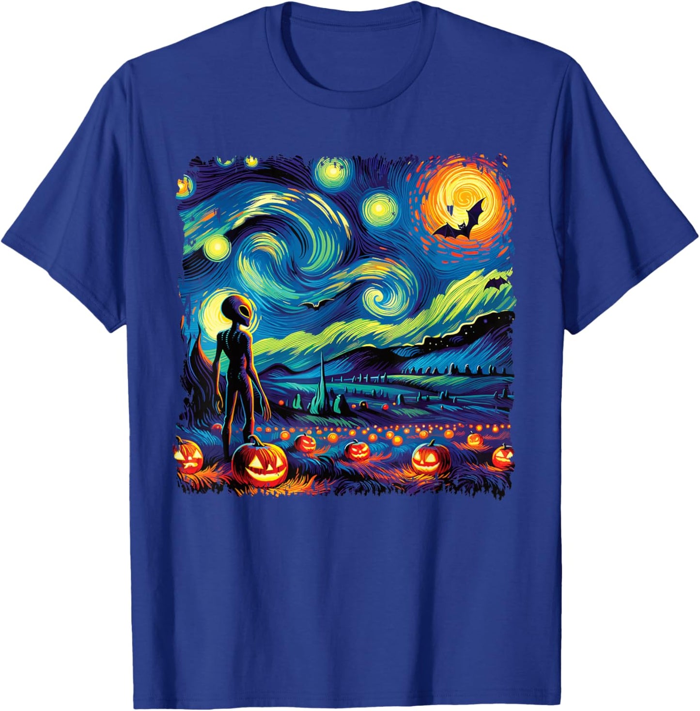 Van Gogh Starry Night Alien Man Halloween Fall Pumpkin Bats T-Shirt - T-Shirt | Royal