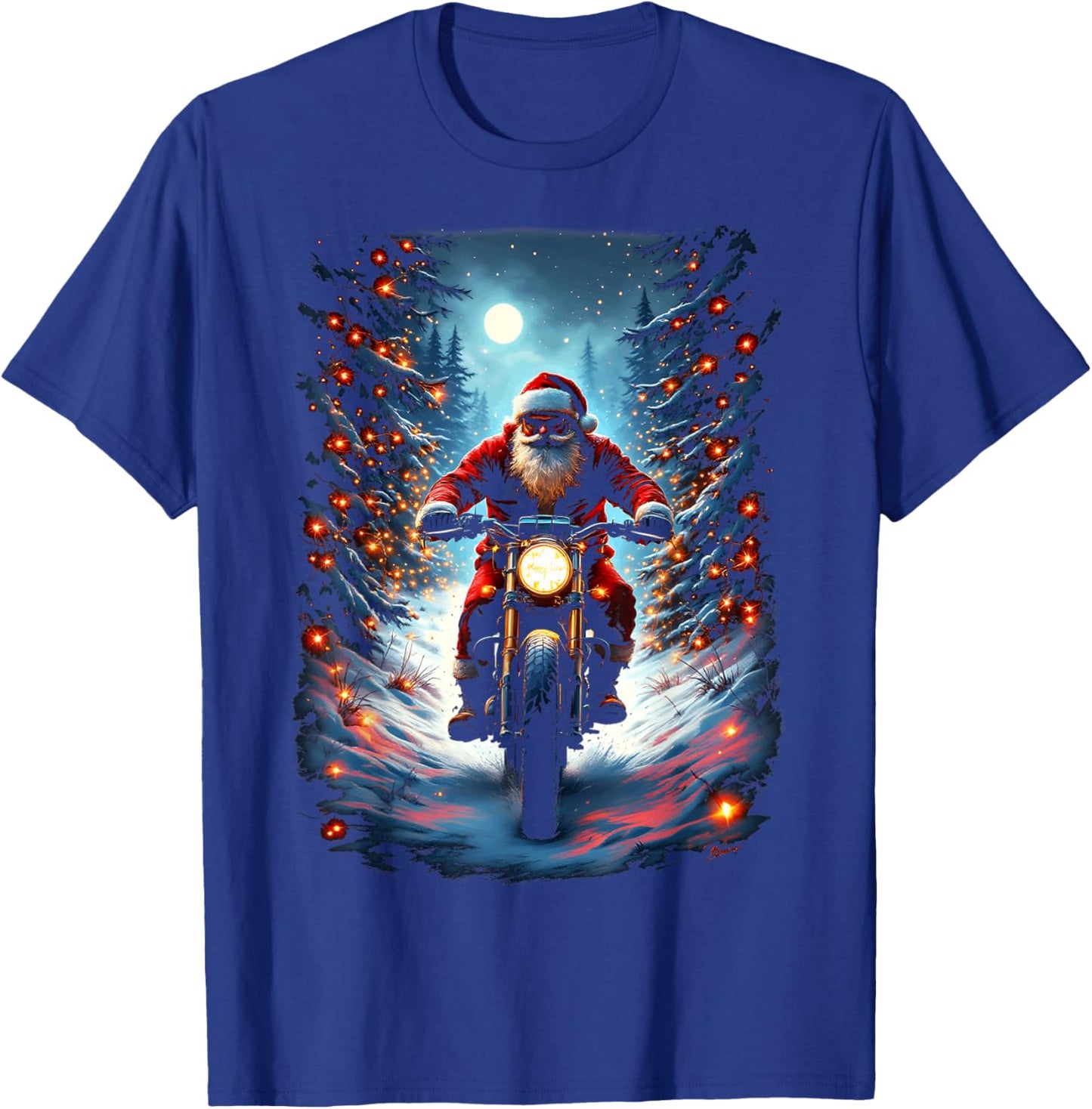 Santa Claus Biker Riding Motorcycle Christmas Moon T-Shirt - T-Shirt | Royal