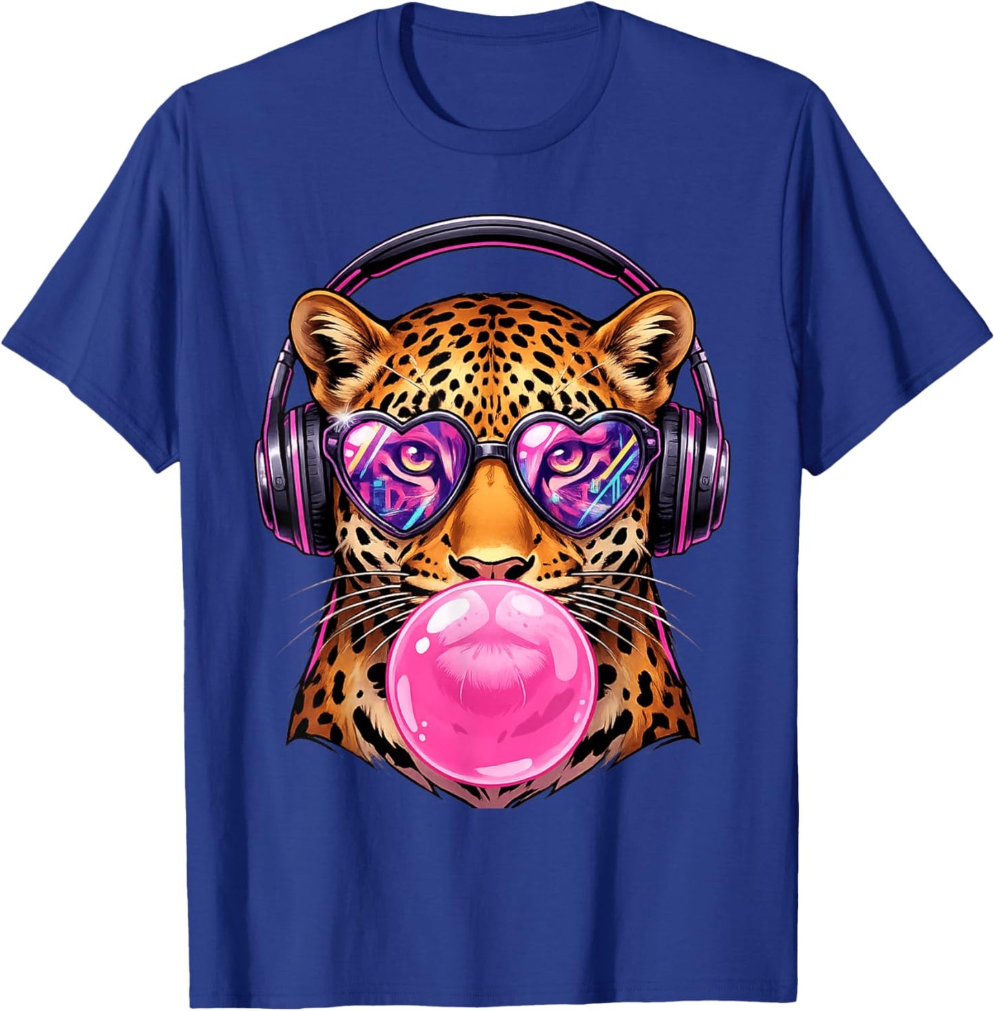 Leopard Bubblegum with Sunglasses Headphones Cute Animal Kid T-Shirt - T-Shirt | Royal