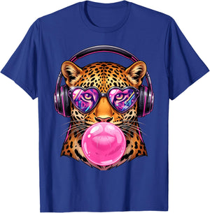 Leopard Bubblegum with Sunglasses Headphones Cute Animal Kid T-Shirt - T-Shirt | Royal