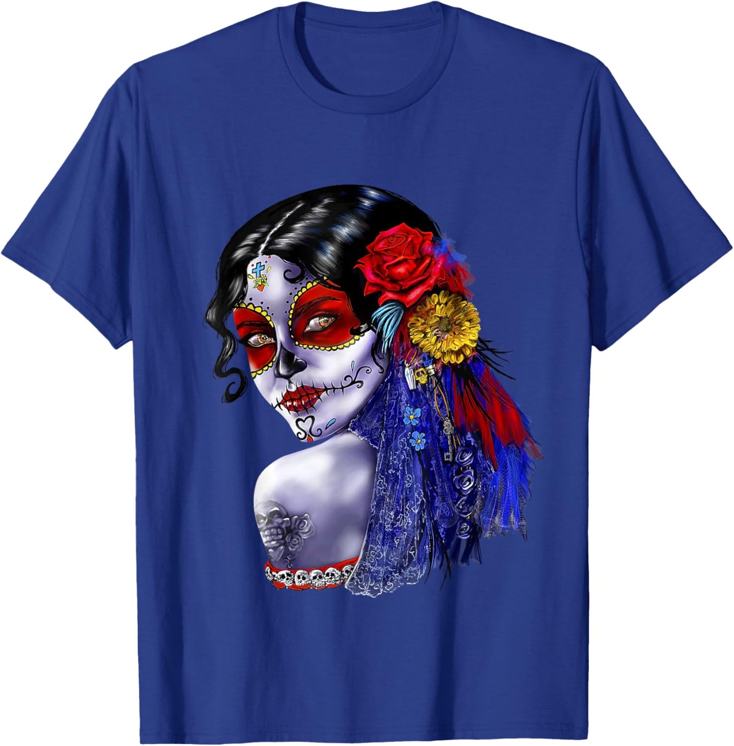 Day Of The Dead Beauty With Flowers T-Shirt - T-Shirt | Royal