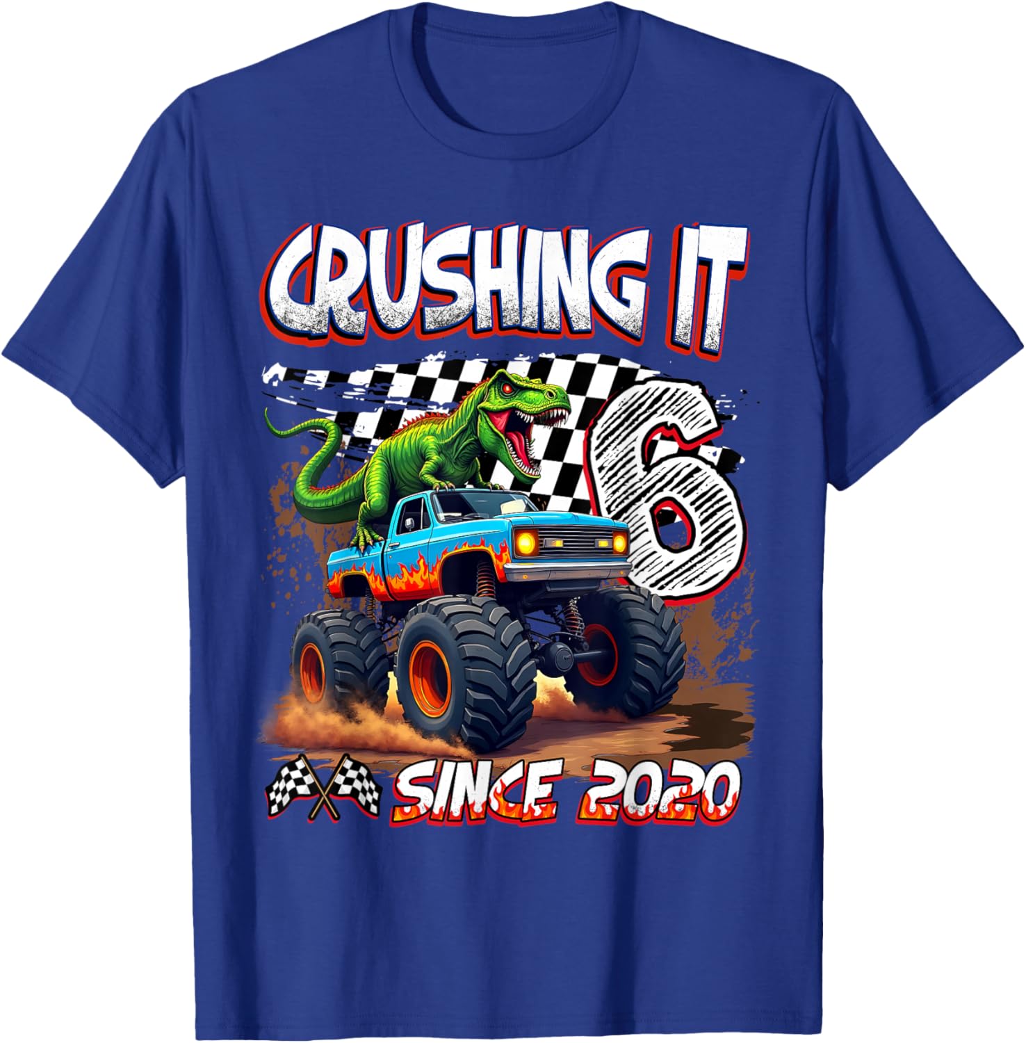 6th Birthday Monster Truck Dinosaur Crushing It Since 2020 T-Shirt - T-Shirt | Royal