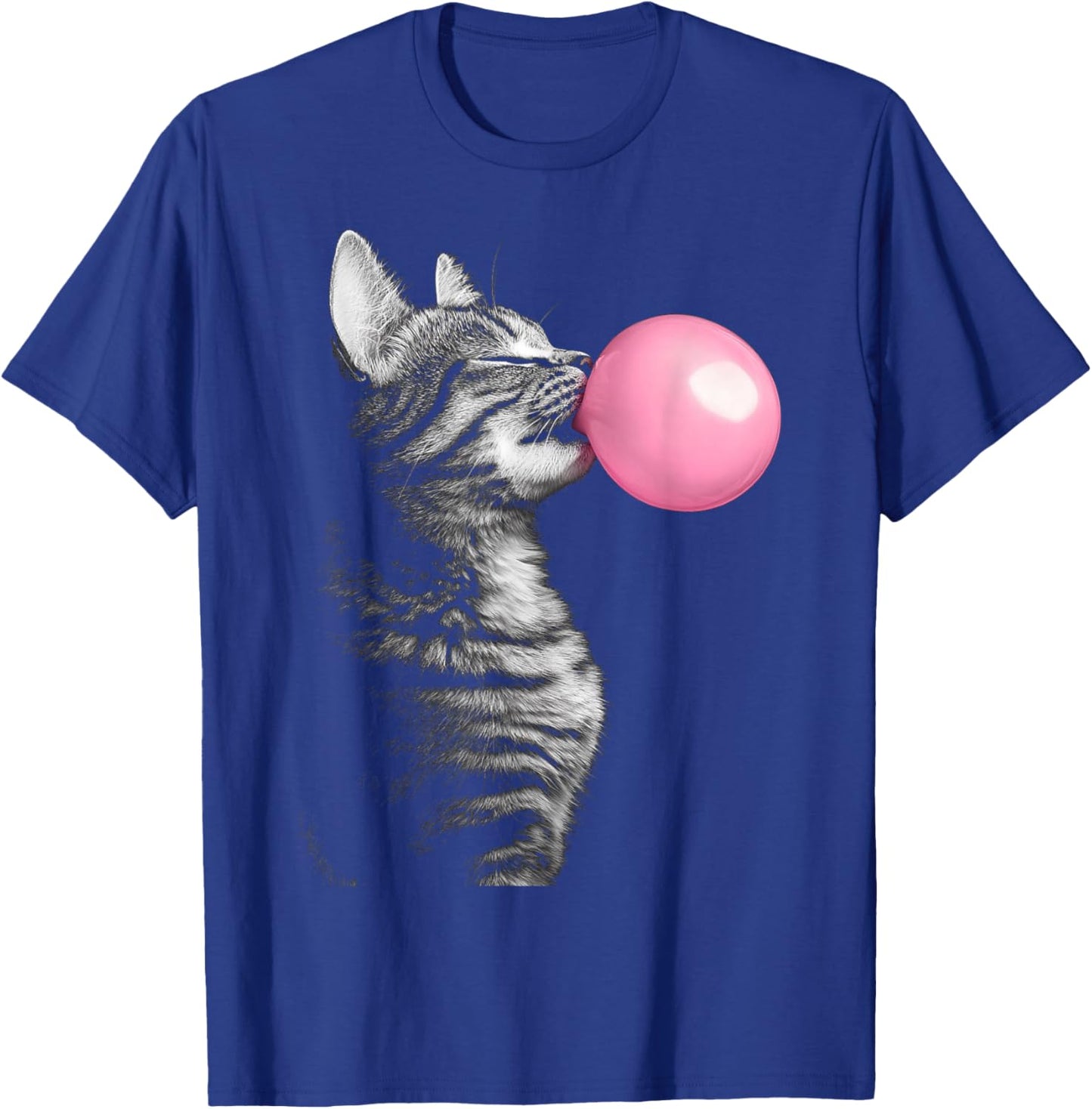 Black Graphic Cat Blowing Chewing Bubble Gum Pink Men Women Kids T-Shirt - T-Shirt | Royal