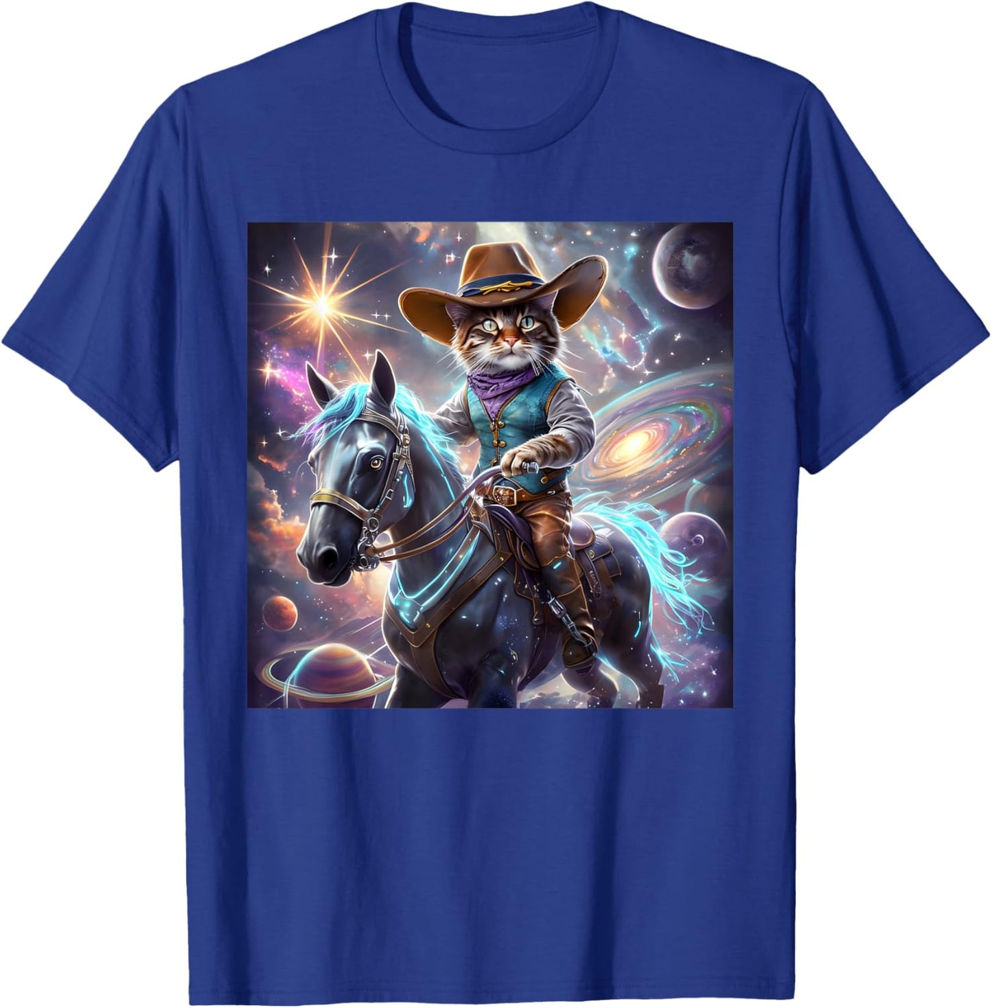 Cat Cowboy Rainbow Galaxy Kitten Riding Horse Cowboy Hat T-Shirt - T-Shirt | Royal