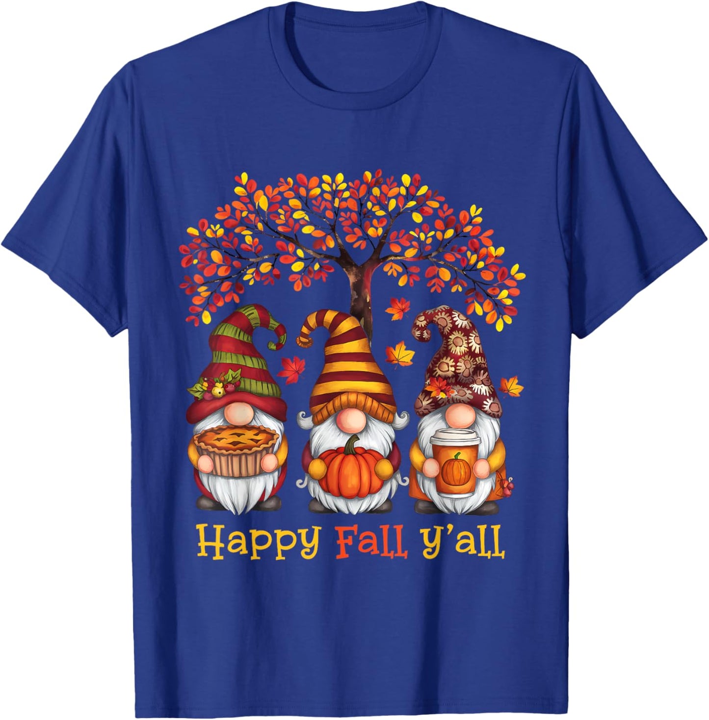 Happy Fall Autumn Leaves Pumpkin Garden Gnomes T-Shirt - T-Shirt | Royal