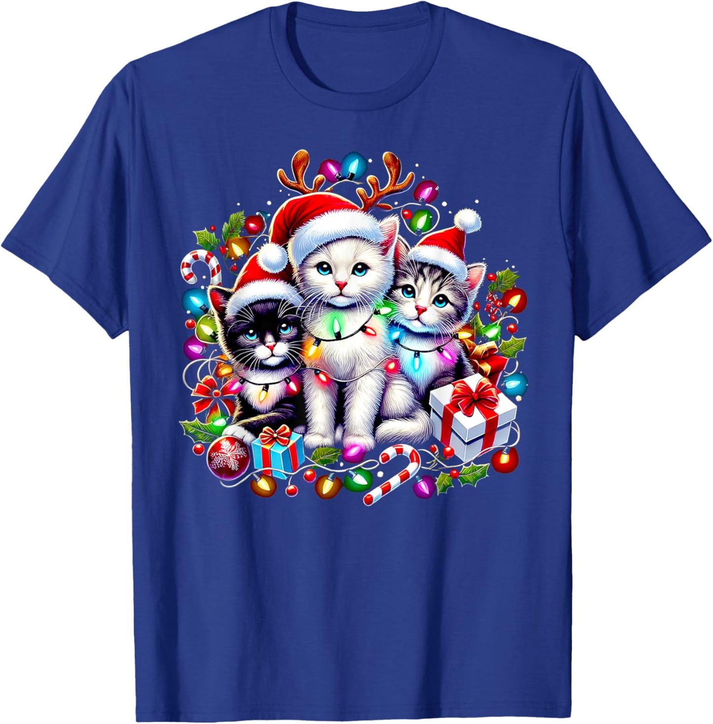 Cute Kittens Christmas Cheer Santa Hats Lights Cats Kittys T-Shirt - T-Shirt | Royal