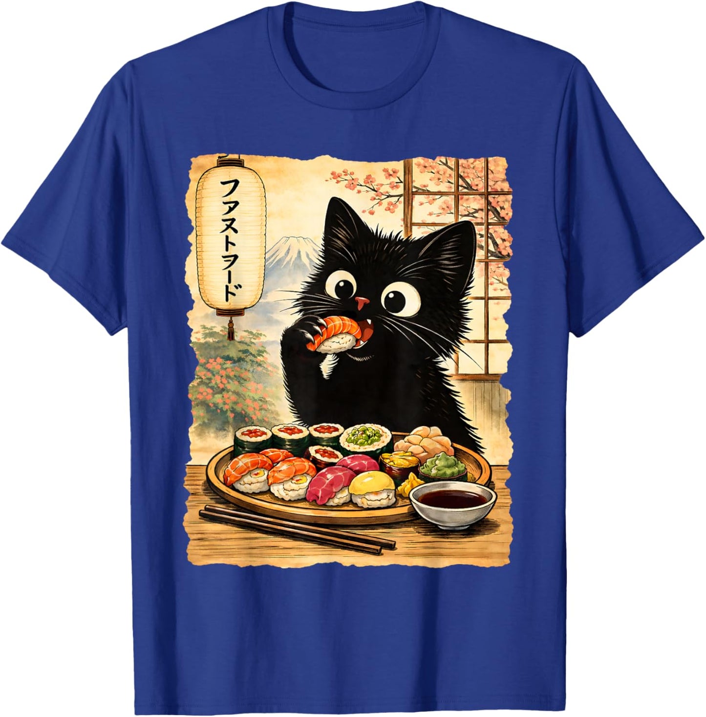 Schwarze süße Katze isst Sushi Kawaii Japanisches Essen Anime Katzen T-Shirt - T-Shirt | Royal