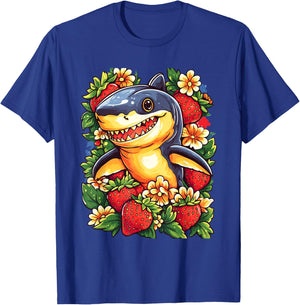 Shark Strawberries and Flowers Graphic Cute Shark T-Shirt - T-Shirt | Royal