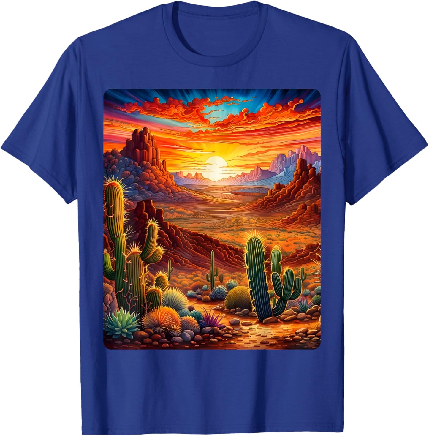 Valley Desert Sunset Sunrise Cactus Mountains Nature Clouds T-Shirt - T-Shirt | Royal