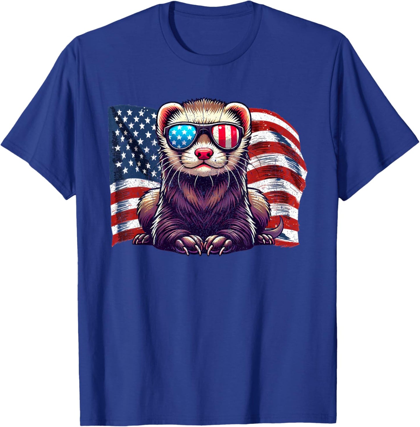 Ferret Pets Lovers Patriotic America Flag Sunglasses Vintage T-Shirt - T-Shirt | Royal
