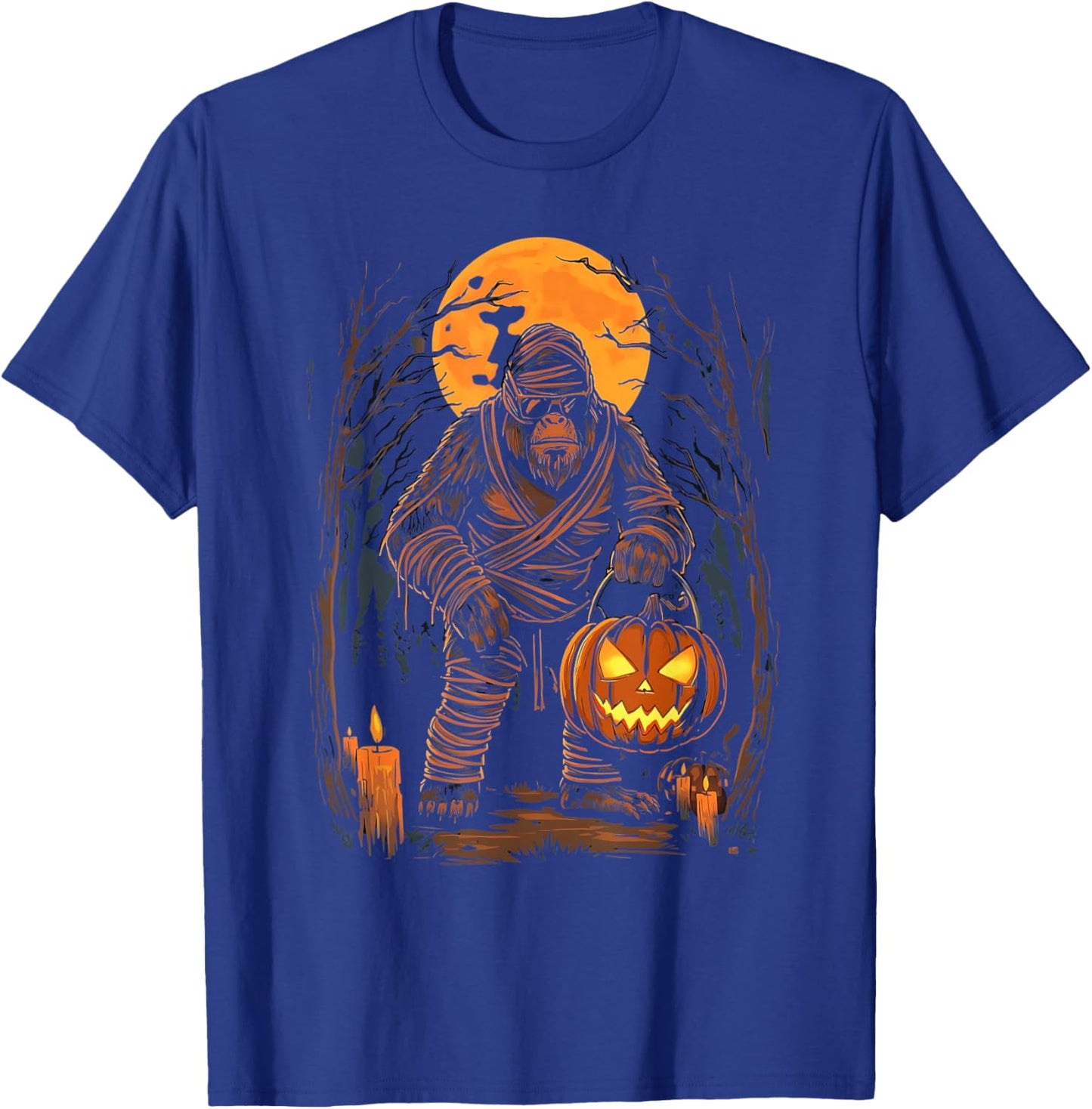 Mummy Bigfoot Holding Pumpkin Halloween Costume Fun T-Shirt - T-Shirt | Royal