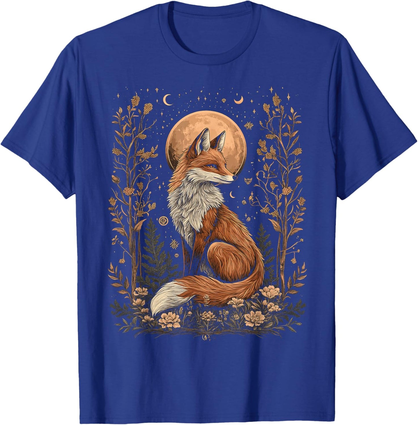 Mystic Moon and Moonphase Fox Mystical Flowers Aesthetic T-Shirt - T-Shirt | Royal