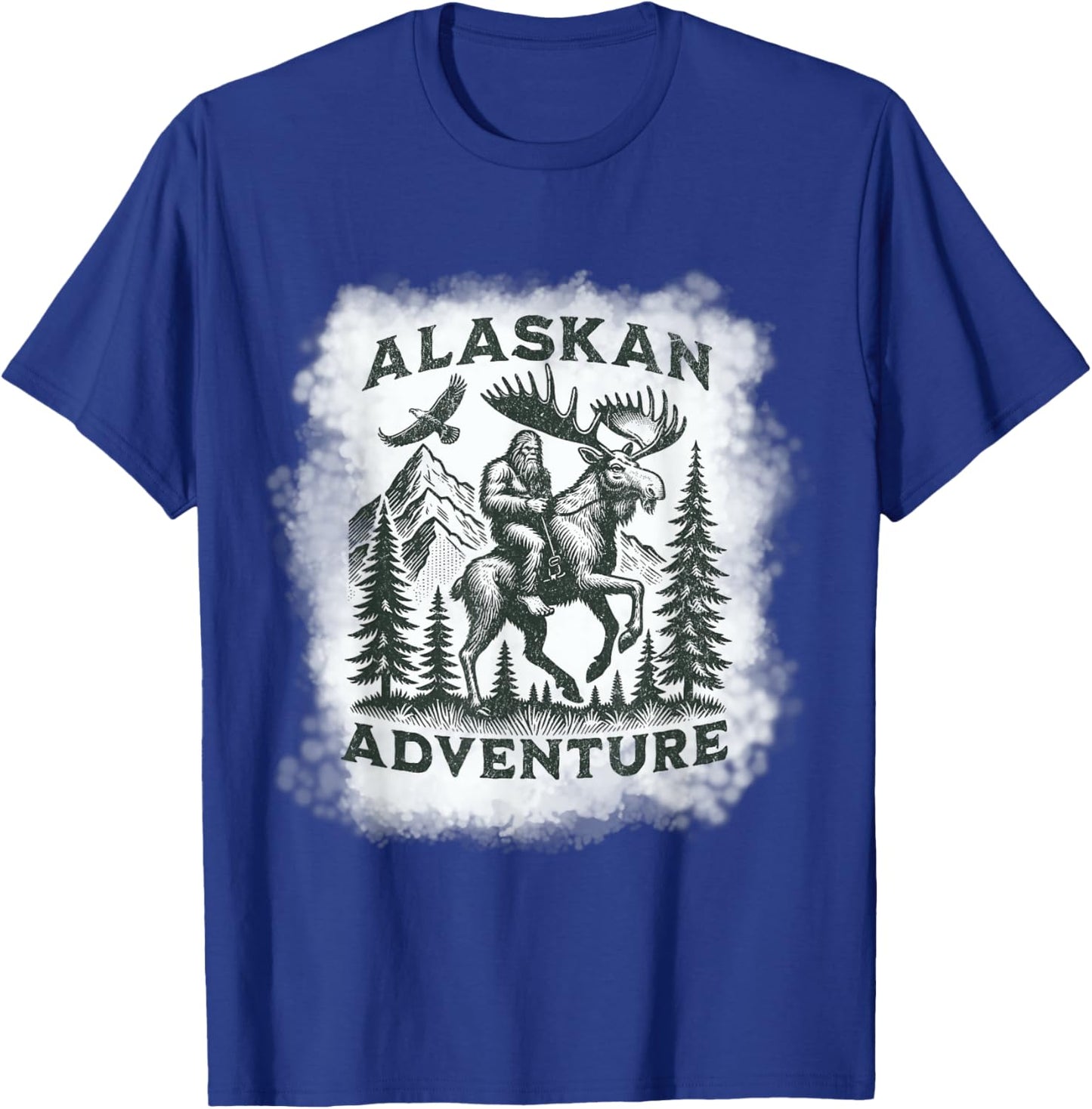 Alaskan Adventure Bigfoot Riding Moose Funny Outdoor Alaska T-Shirt - T-Shirt | Royal