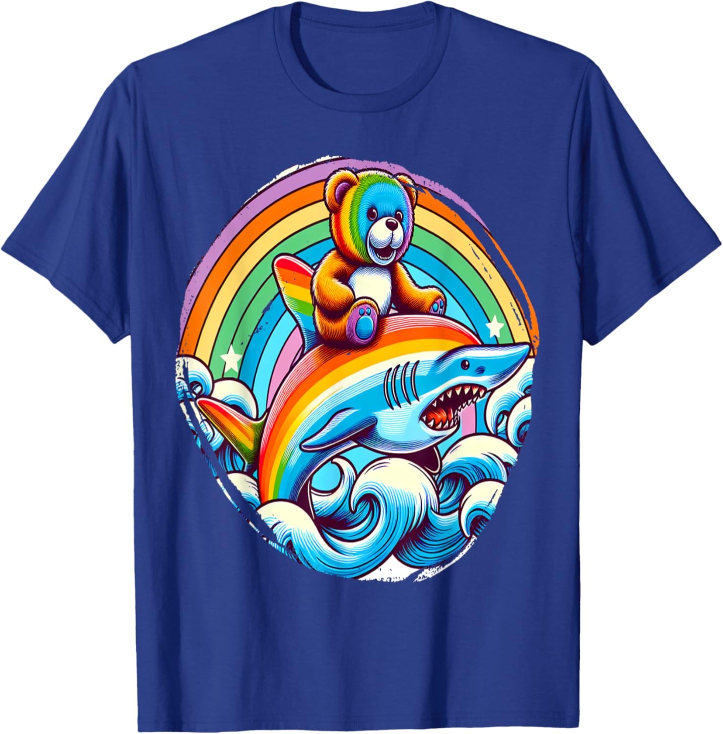 Teddy Bear Riding Shark on Rainbow T-Shirt - T-Shirt | Royal