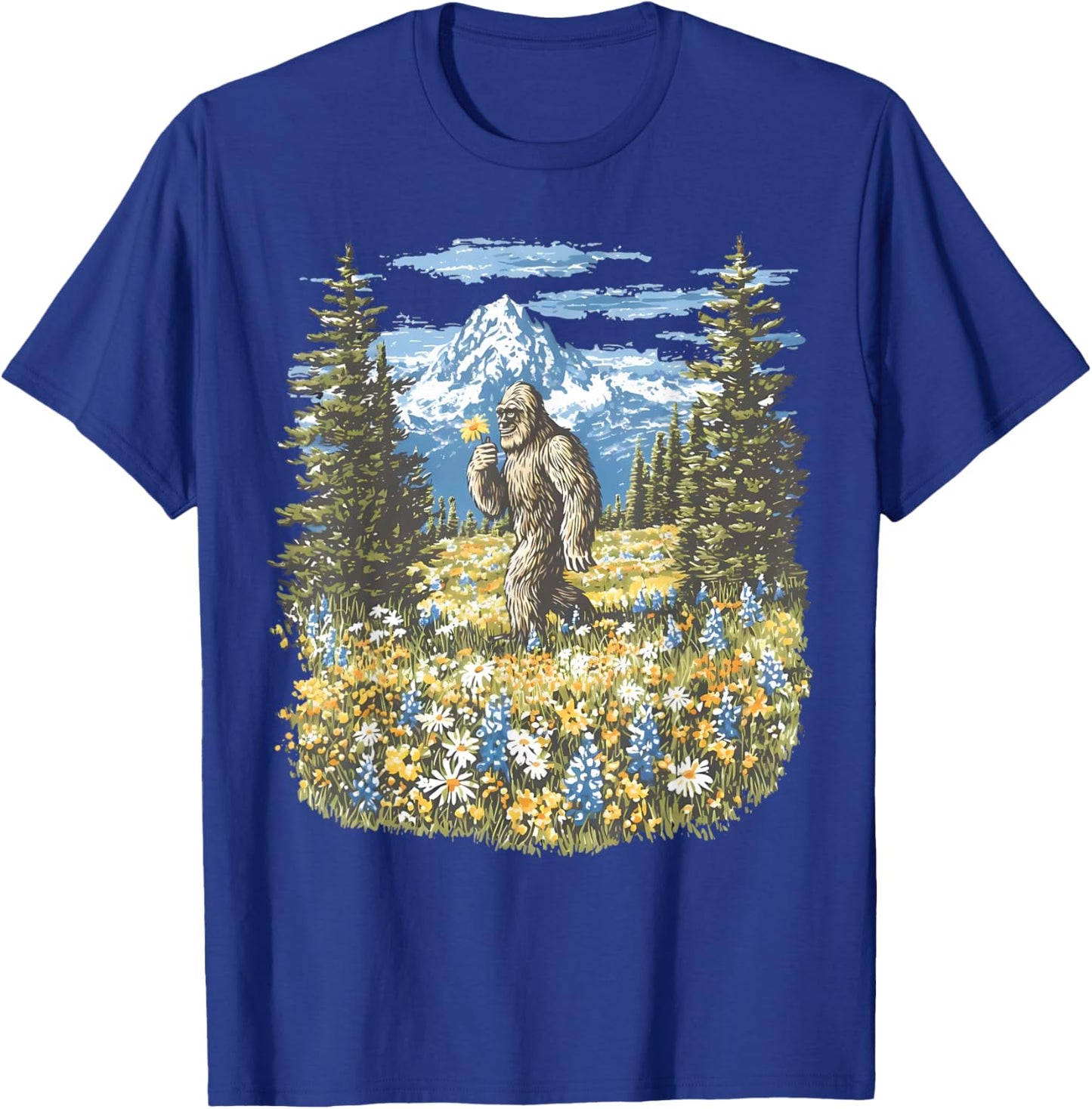 Bigfoot in Flower Field Mountain Hiking Nature Sasquatch T-Shirt - T-Shirt | Royal