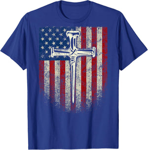 (Art on Back) American US Flag Cross Christian T-Shirt - T-Shirt | Royal