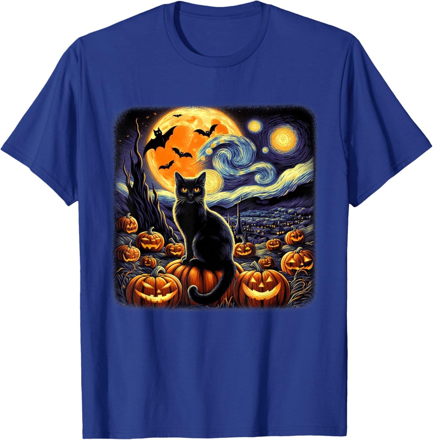 Van Gogh Cat Starry Night Cat Halloween Pumpkin Cat Lovers T-Shirt - T-Shirt | Royal