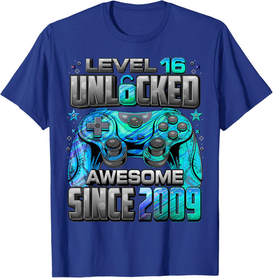 Level 16 Unlocked Awesome Since 2009 16th Birthday Gaming T-Shirt - T-Shirt | Royal