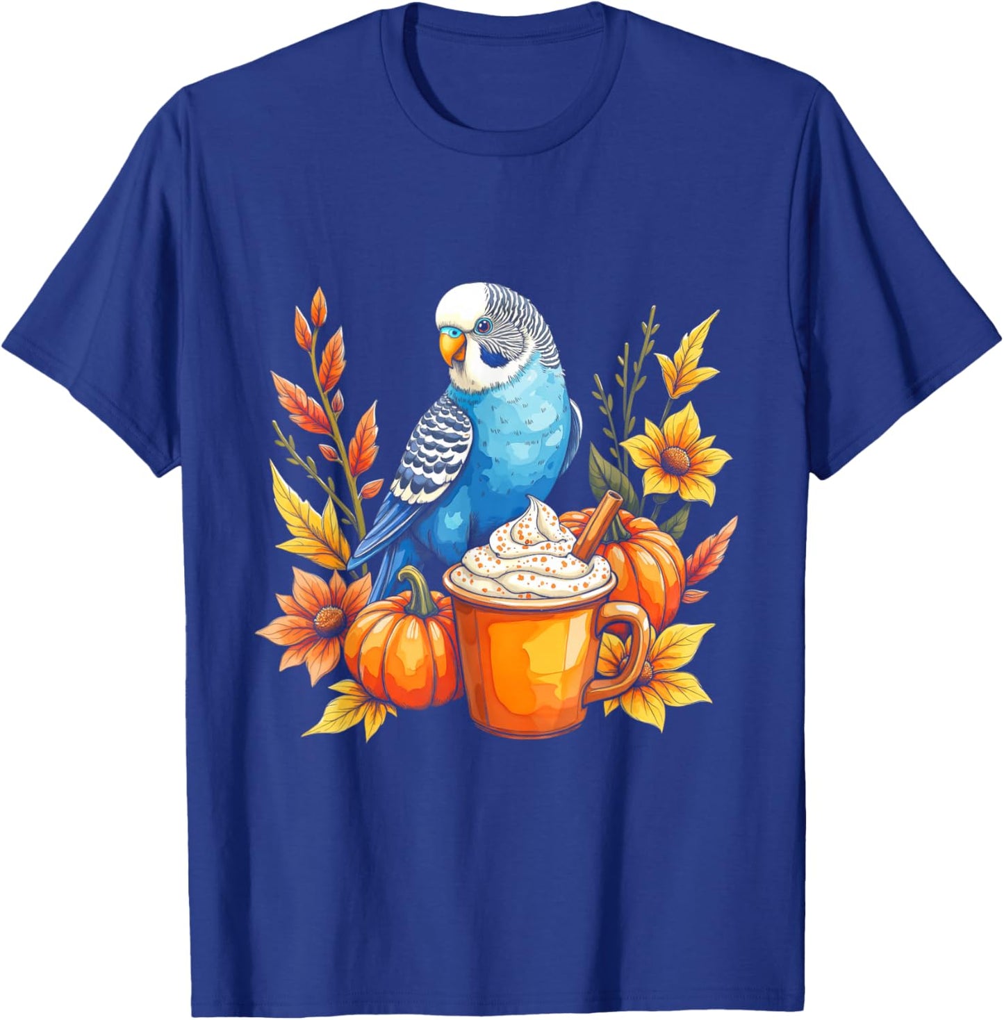 Budgie Parakeet Pumpkin Spice Latte and Fall Vibes Autumn T-Shirt - T-Shirt | Royal