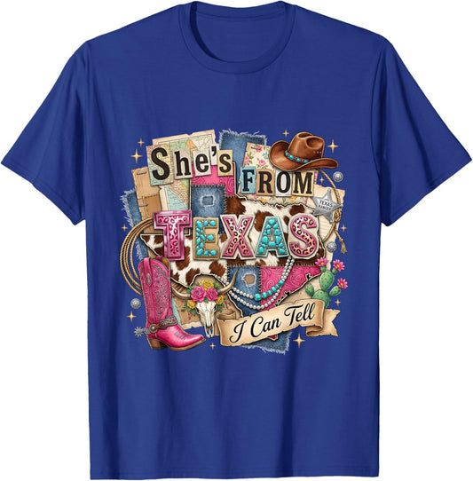 She's from Texas I Can Tell Western Cowgirl Pink Boot Gift T-Shirt - T-Shirt | Royal