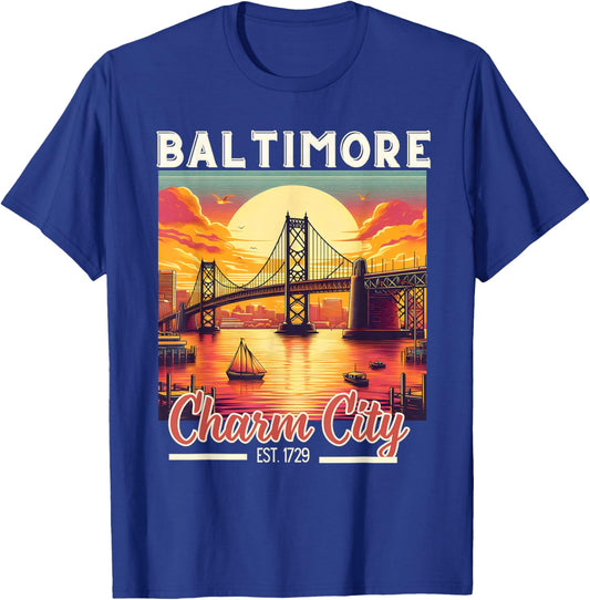 Vintage Baltimore Maryland Charm City Trip retro skyline men T-Shirt - T-Shirt | Royal
