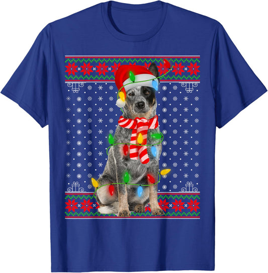 Ugly Xmas Dog Lights Santa Hat Blue Heeler Dog Christmas Men Women Girls Kids T-Shirt - T-Shirt | Royal