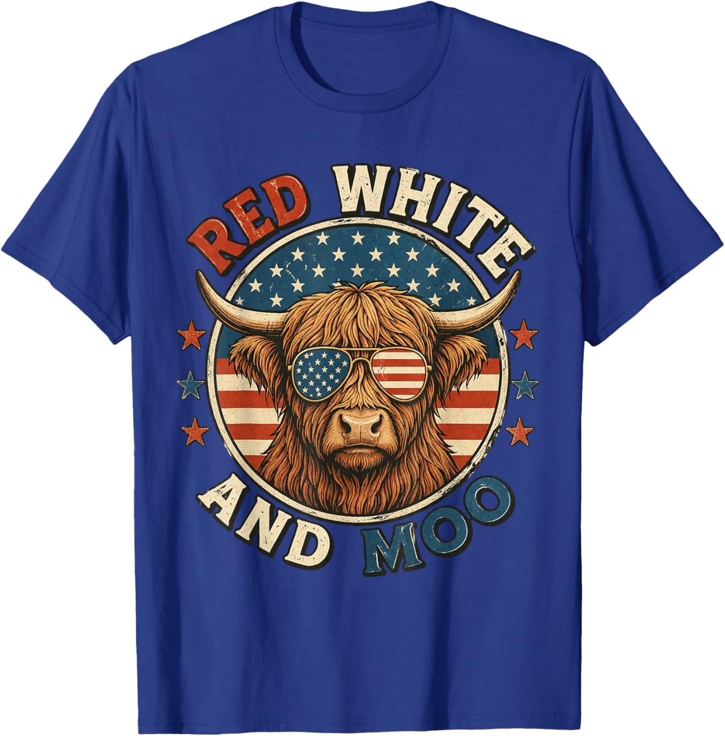 Red White and Moo Funny Highland Cow 4th of July Patriotic T-Shirt - T-Shirt | Royal