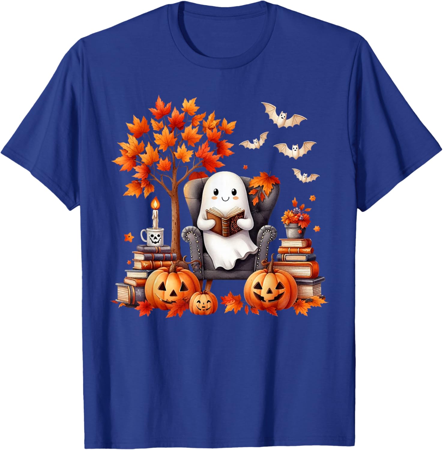 Vintage Ghost Book Reading Pumpkin Gothic Halloween Teachers T-Shirt - T-Shirt | Royal