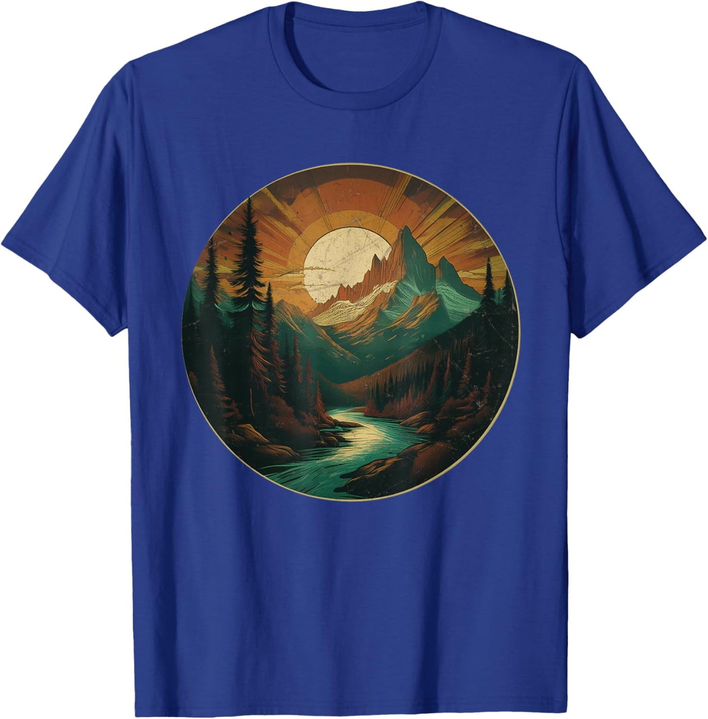 Sunset Over Mountain + Evergreen Forest Vintage Look Graphic T-Shirt - T-Shirt | Royal