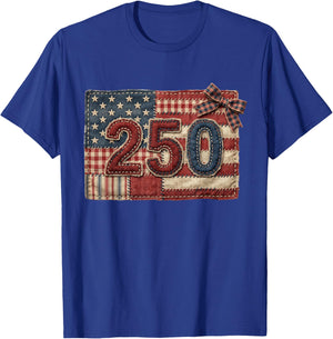 USA 250 Patriotic Patchwork American Flag 4th of July T-Shirt - T-Shirt | Royal