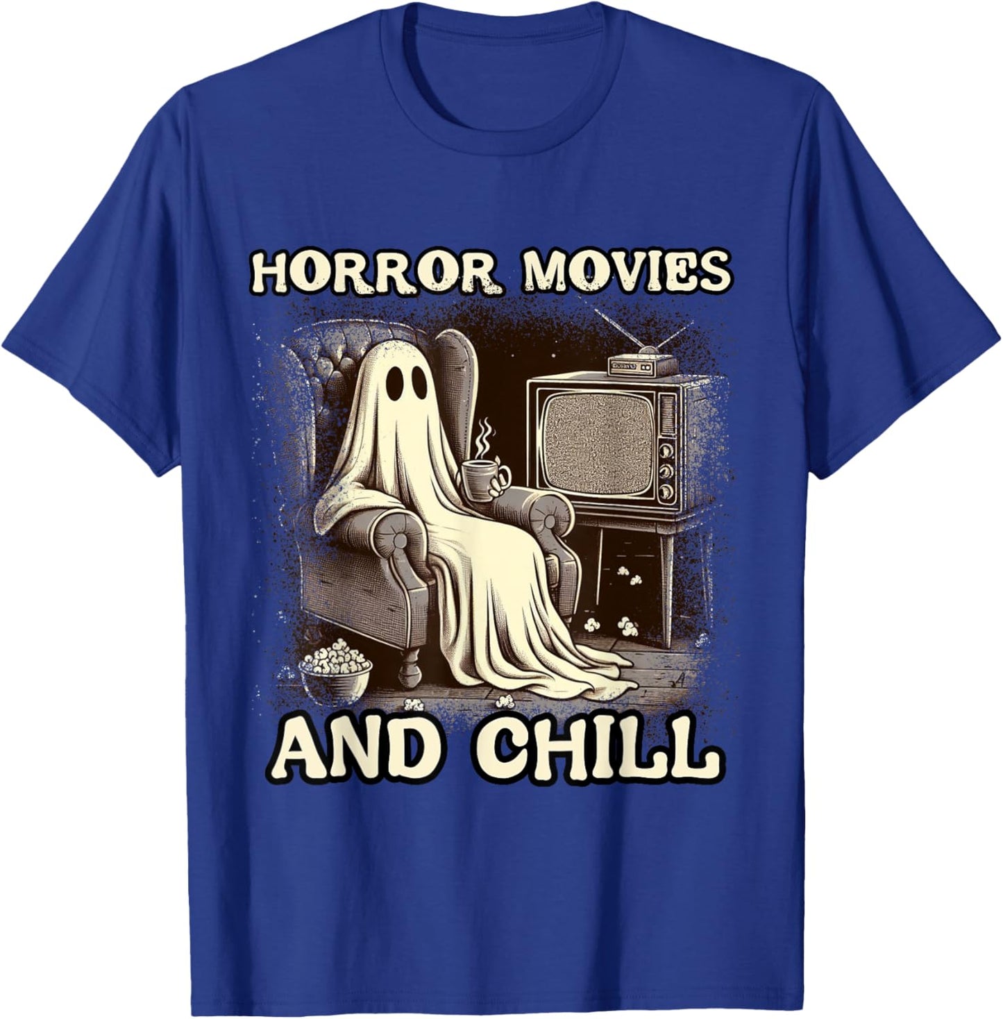 Horror Movies and Chill Halloween Ghost popcorn Spooky T-Shirt - T-Shirt | Royal