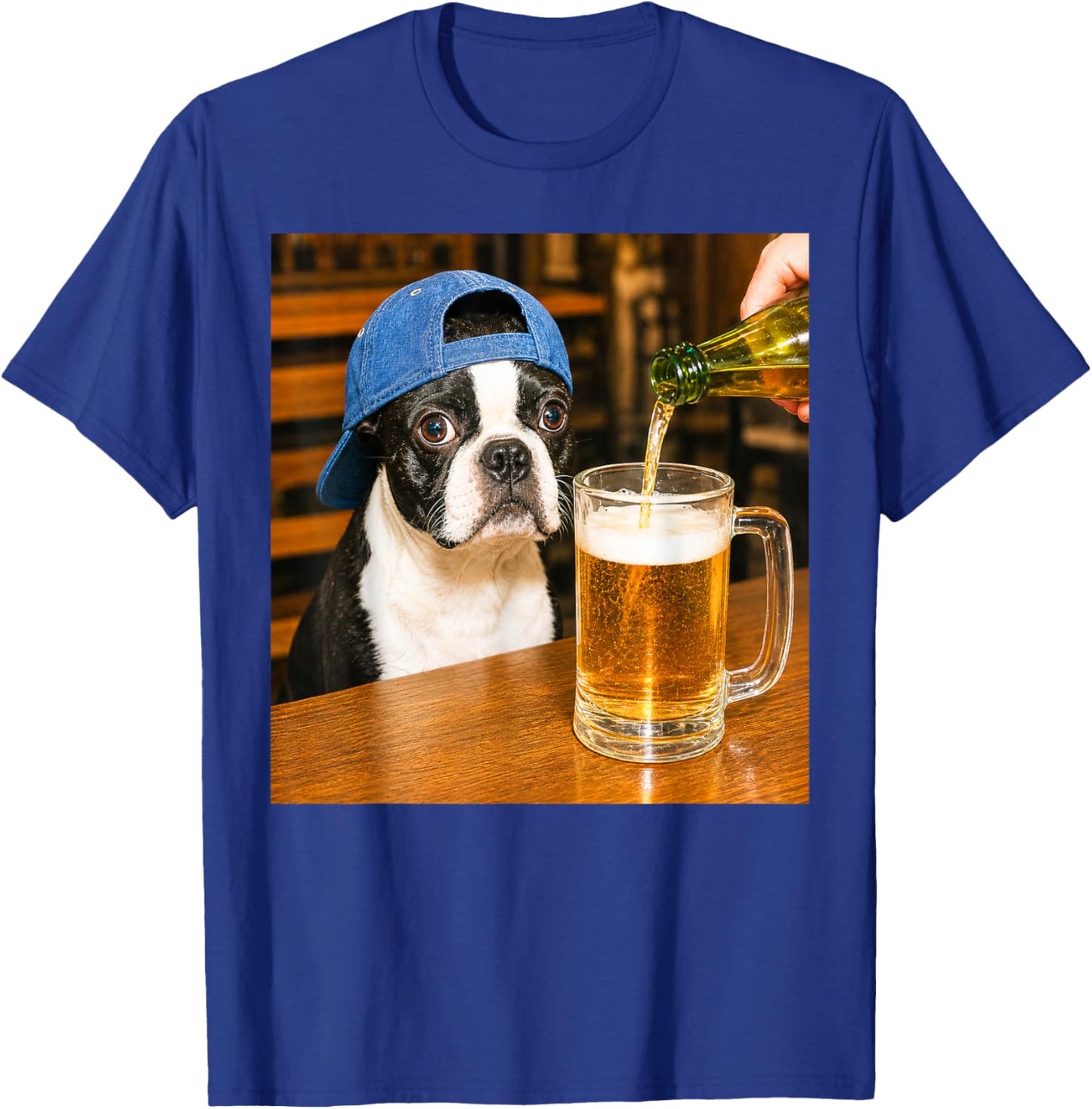 Boston Terrier Wearing Cap Drinking Beer Graphic Vintage T-Shirt - T-Shirt | Royal