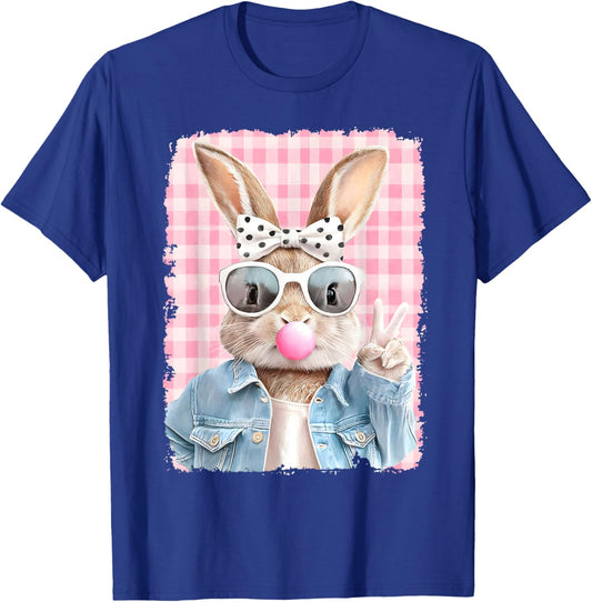 Retro Easter Bunny Blowing Bubble Gum Girl Kids Happy Easter T-Shirt - T-Shirt | Royal