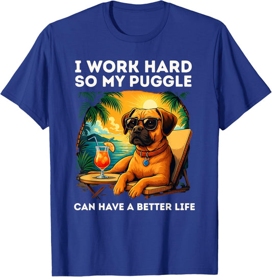 Puggle Lover I Work Hard Design Funny Puggle Dog T-Shirt - T-Shirt | Royal