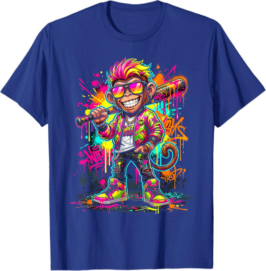 Monkey Baseball Drip Funny Animal Party Sport Cool Graphic T-Shirt - T-Shirt | Royal