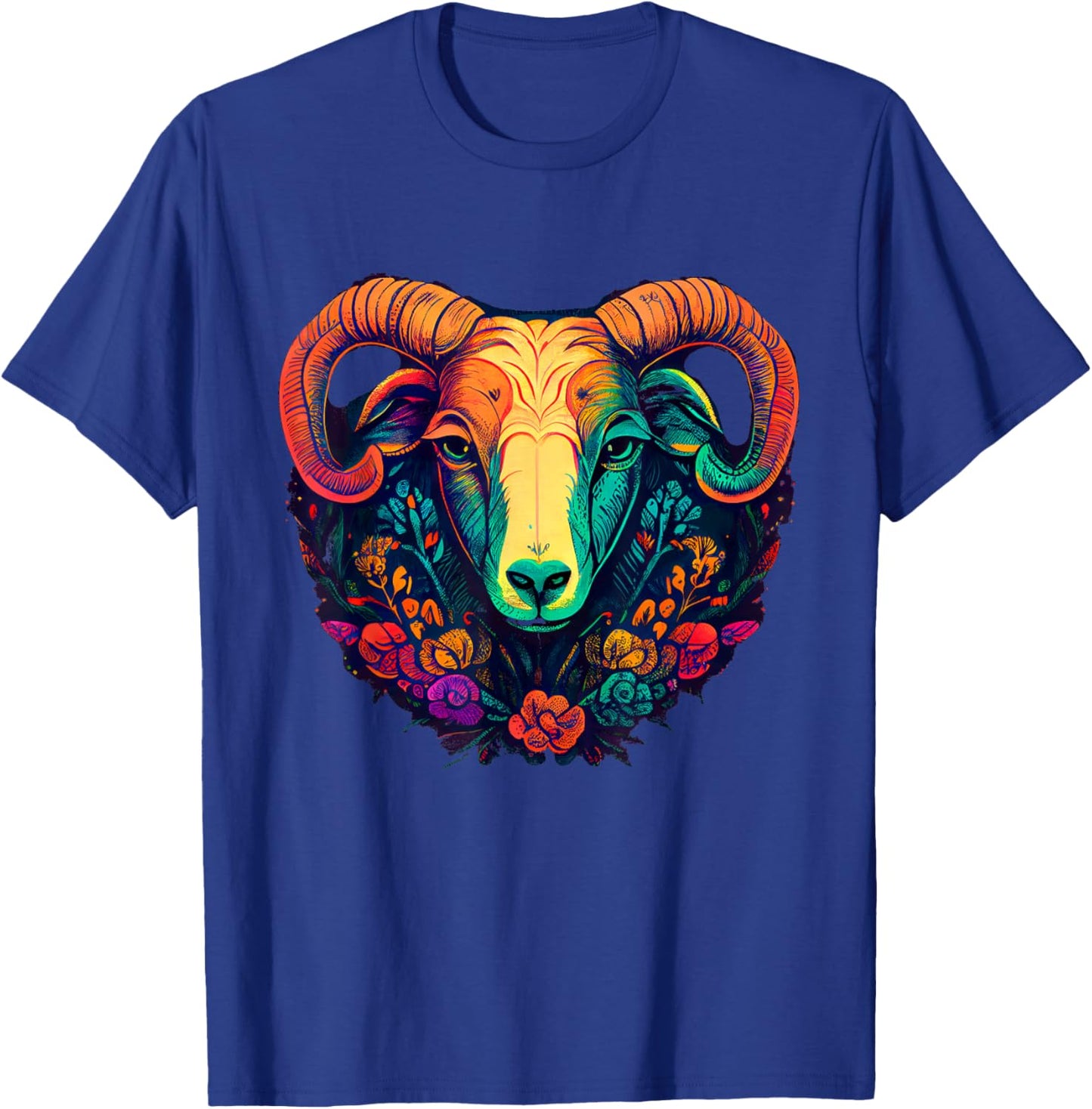 Vivid Ram Head with Floral Patterns T-Shirt - T-Shirt | Royal