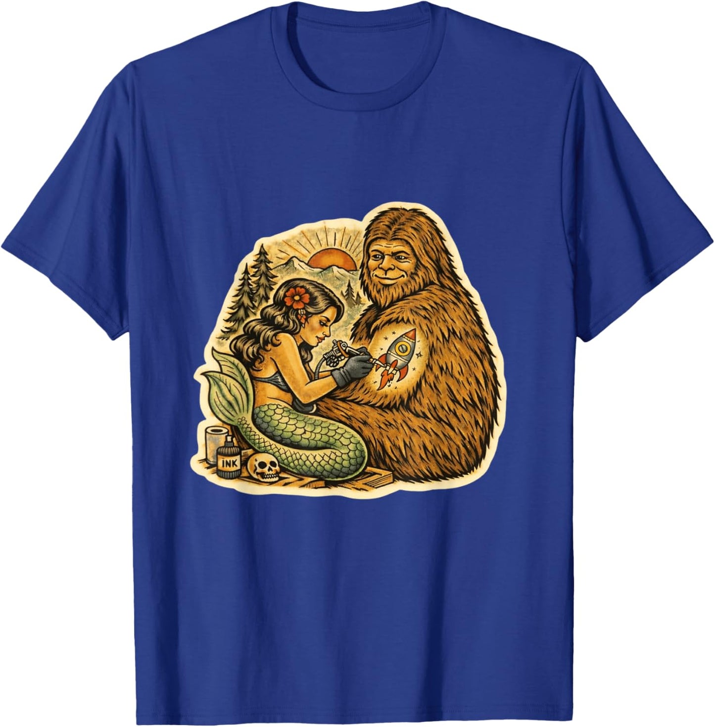 Bigfoot Mermaid Tattoo Funny Cryptid Art Graphic T-Shirt - T-Shirt | Royal