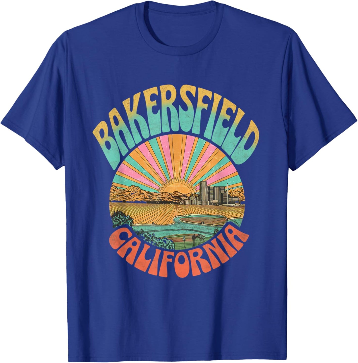 Vintage Bakersfield California Sunset Skyline Cityscape T-Shirt - T-Shirt | Royal
