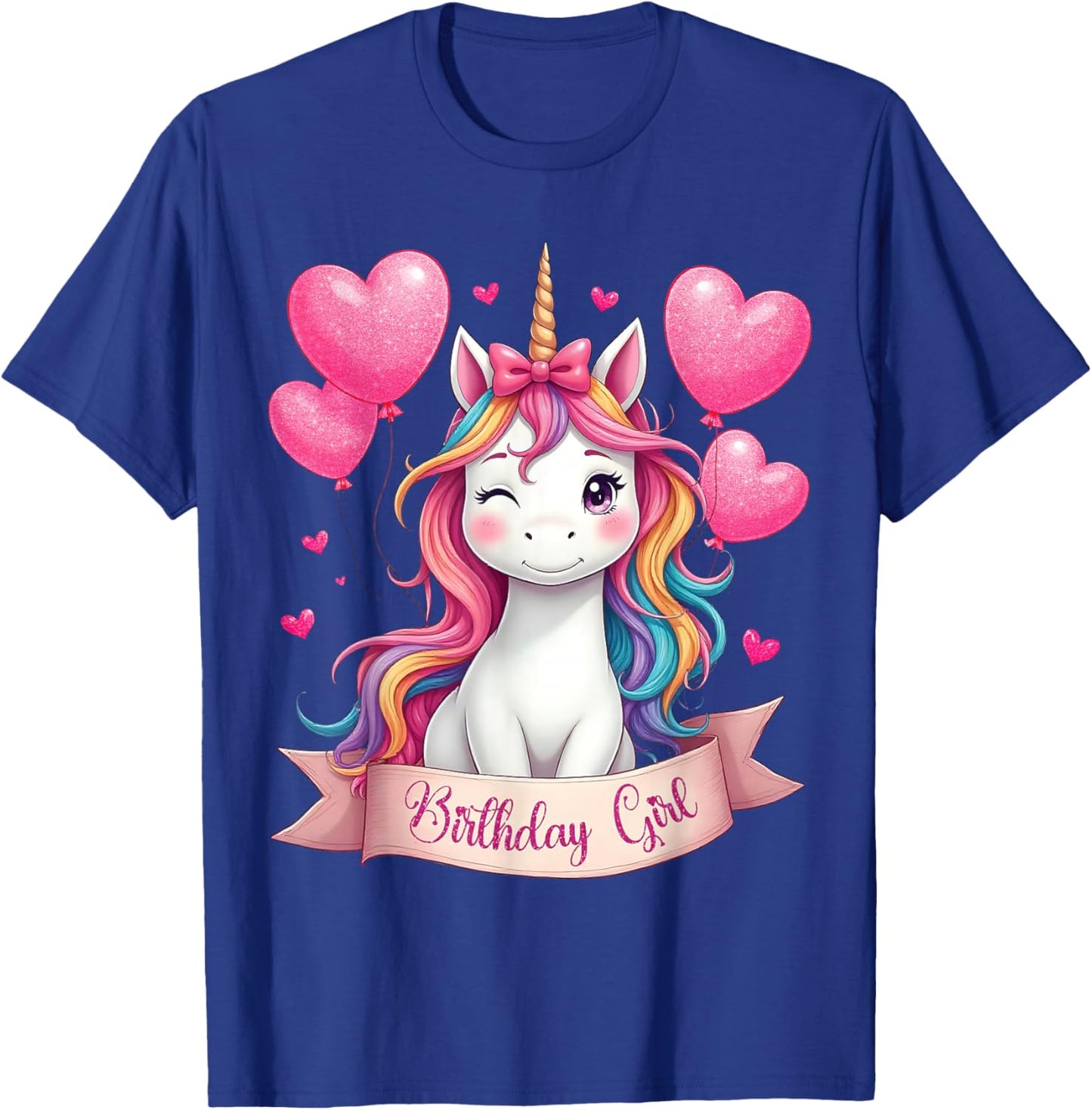 Unicorn Birthday Girl Rainbow Unicorn with Heart Balloons T-Shirt - T-Shirt | Royal