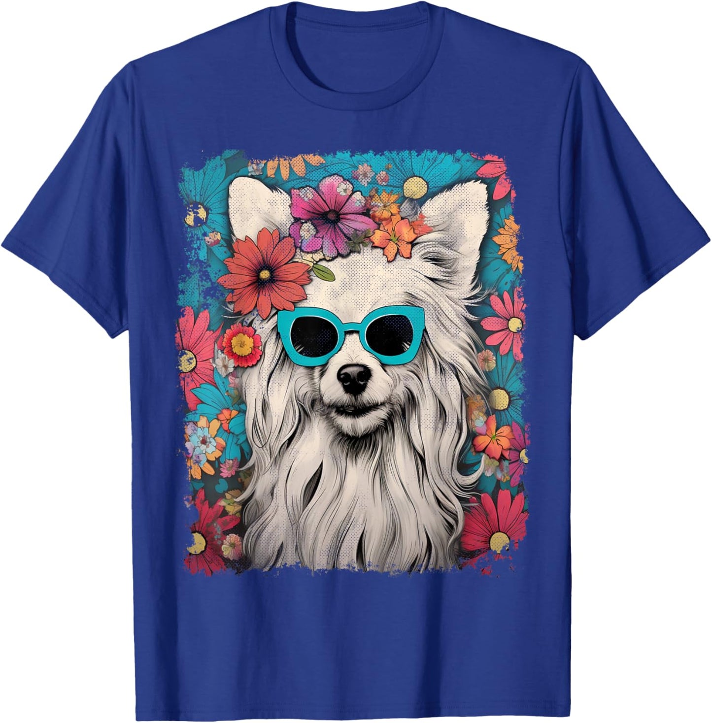 Pet Dog Face Vintage Chinese Crested Dog Floral Graphic T-Shirt - T-Shirt | Royal