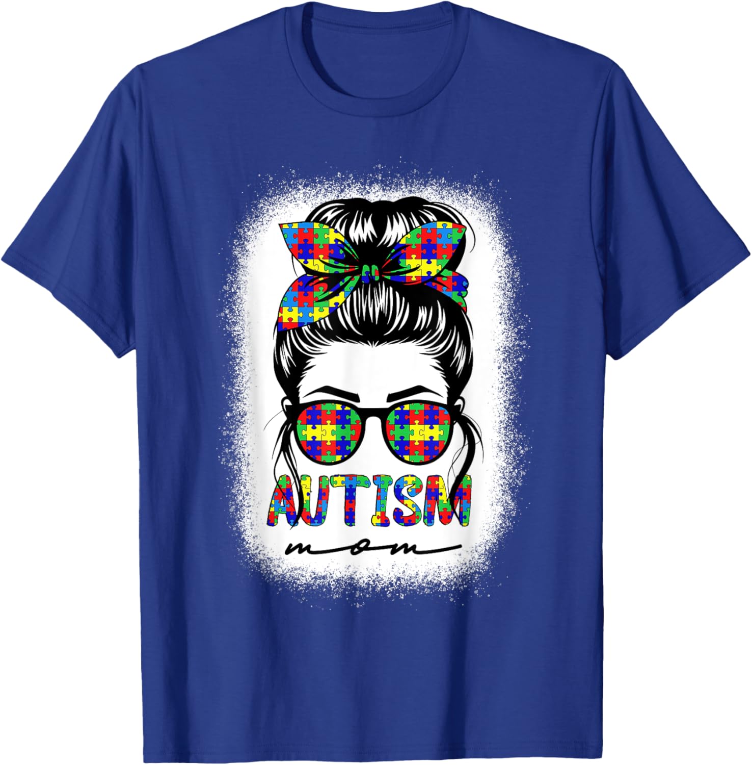 Autism Mom Messy Bun Puzzle Piece Awareness Mothers Day T-Shirt - T-Shirt | Royal