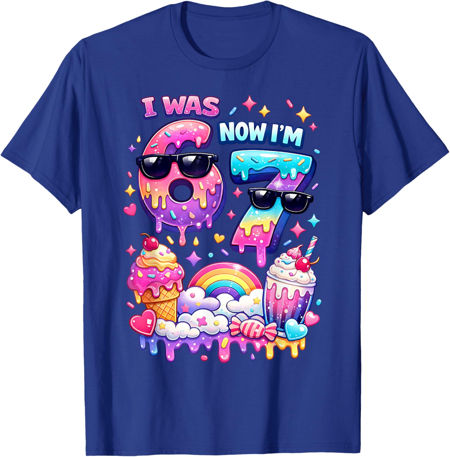I was 6 Now I'm 7 Ice Cream Dripping 67 Meme Kindergeburtstag T-Shirt - T-Shirt | Royal