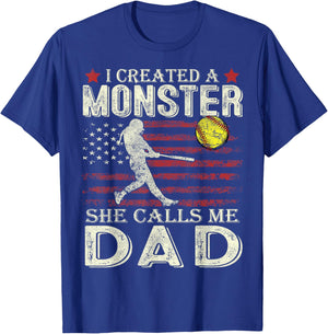 Softball Dad US Flag I Created A Monster She Calls Me Dad T-Shirt - T-Shirt | Royal